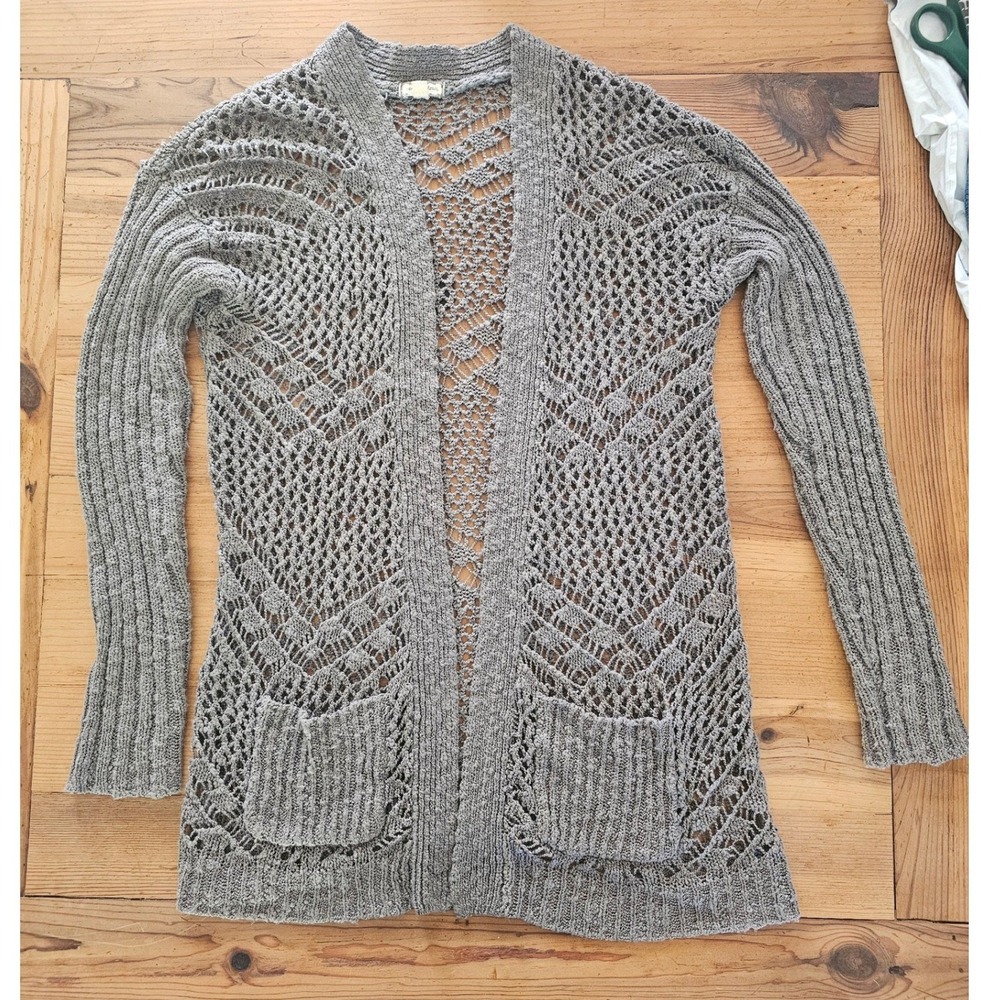 L Grey Open Front Crochet Knit Cardigan Sweater Boho Pocket Cottagecore Festival